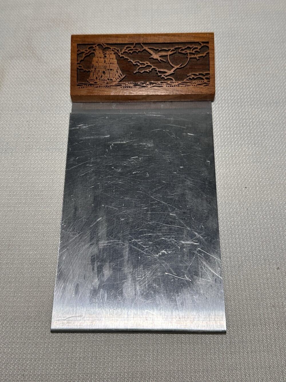 Vintage Lasercraft Carved Walnut Note Pad Holder Boat Birds Ocean Desk Accessory